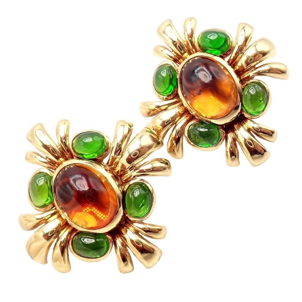 Authentic! Verdura 18k Yellow Gold Citrine Green Tourmaline Vintage Earrings